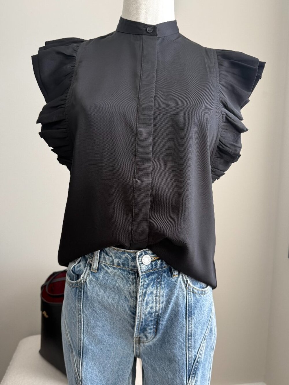 EXPRESS Pitch Black Flutter Sleeve Button Up Gramercy Shirt